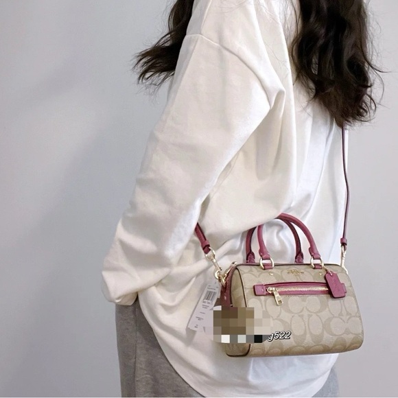 COACH Mini Rowan Crossbody In Signature Canvas Light Khaki Rouge Red C9947 - Picture 3 of 5